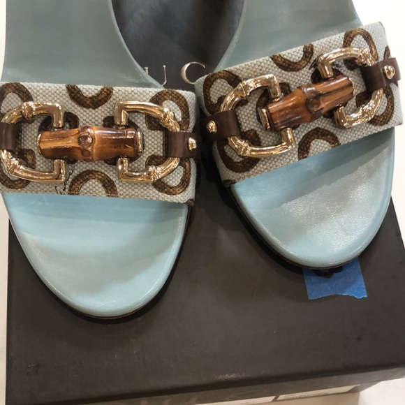 Gucci Shoes Sand Tess S. Cuoio Senna Horse.Bamboo MD/ LIFF sky azure/cocoa sz 8 - Picture 6 of 9